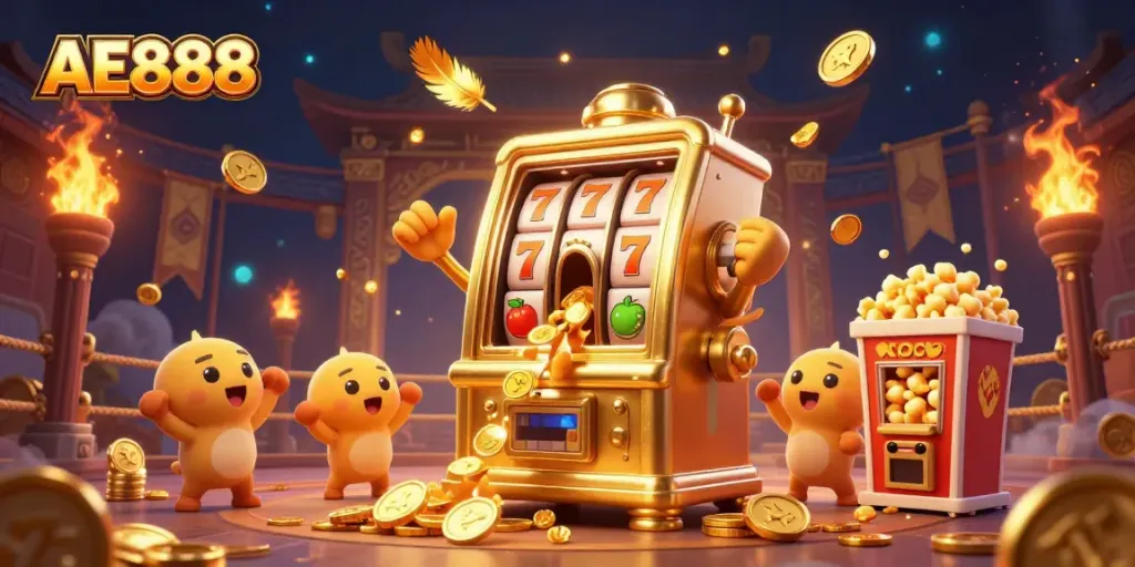 AE888 slot machine celebrates hitting a jackpot with coins pouring out, surrounded by cheering baby slots.