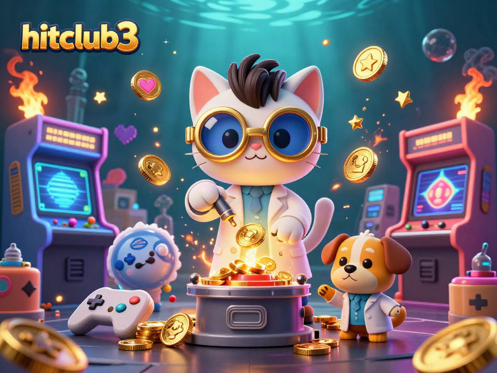 Hitclub3 showcases an exciting casino experience with animated characters surrounded by vibrant gaming elements.