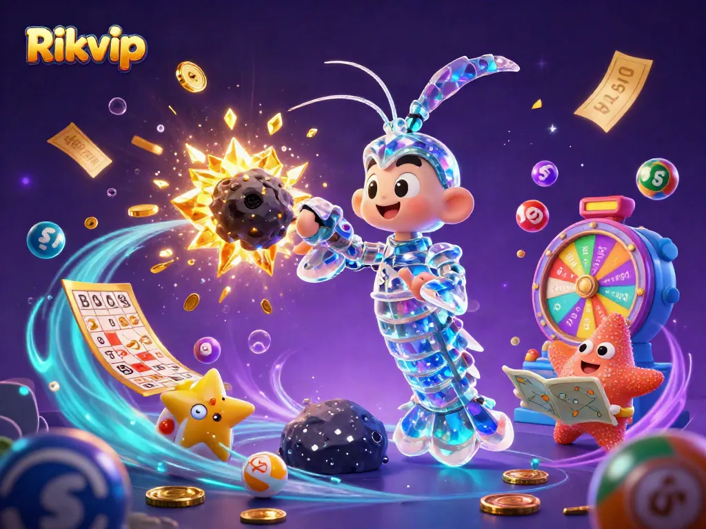 Rikvip promotes thrilling gameplay with a galactic-themed illustration showcasing dynamic casino elements and vibrant characters.