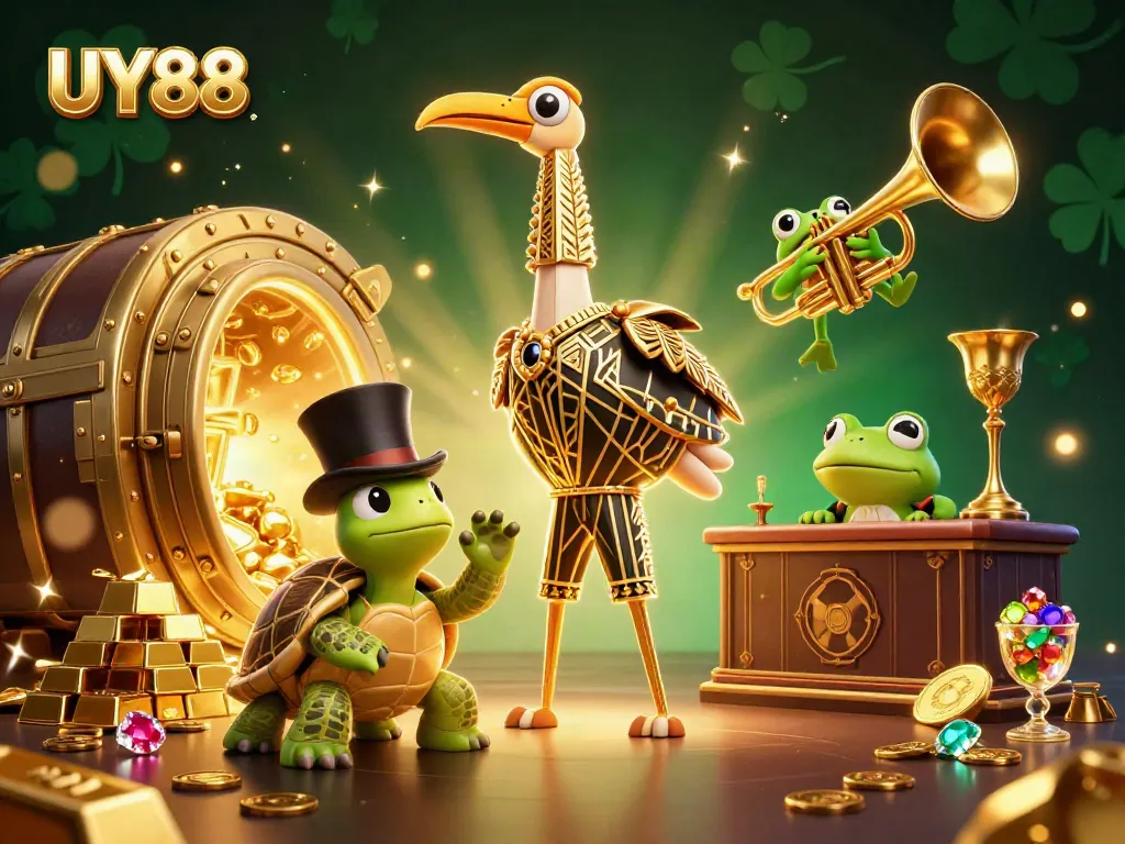 Spin and win with UY88, a vibrant 3D casino scene featuring fun characters and treasures.