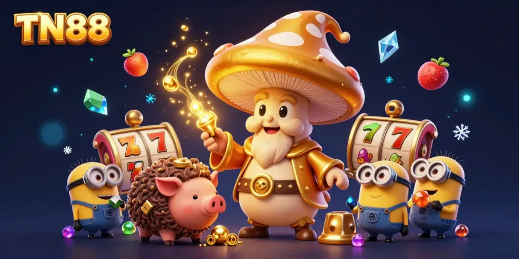 Experience TN88's magical gaming world with a golden mushroom wizard, treasures, and vibrant slot elements.