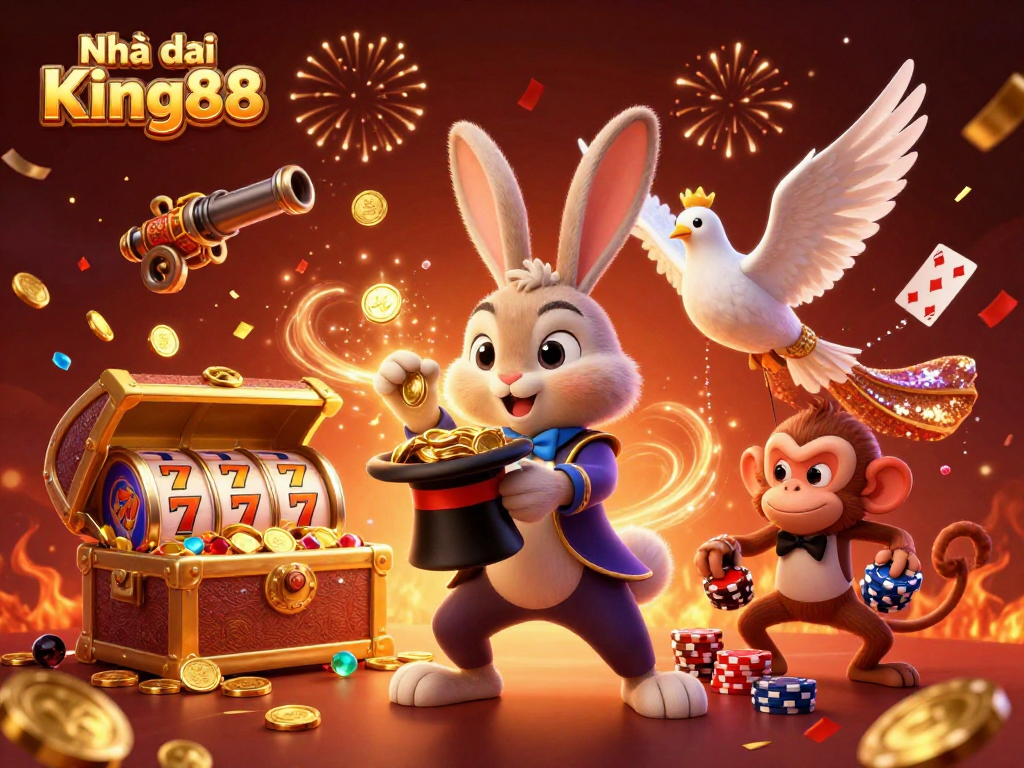 Engage with Nhà cái King88's exciting slot games featuring vibrant characters pouring gold coins and poker chips.
