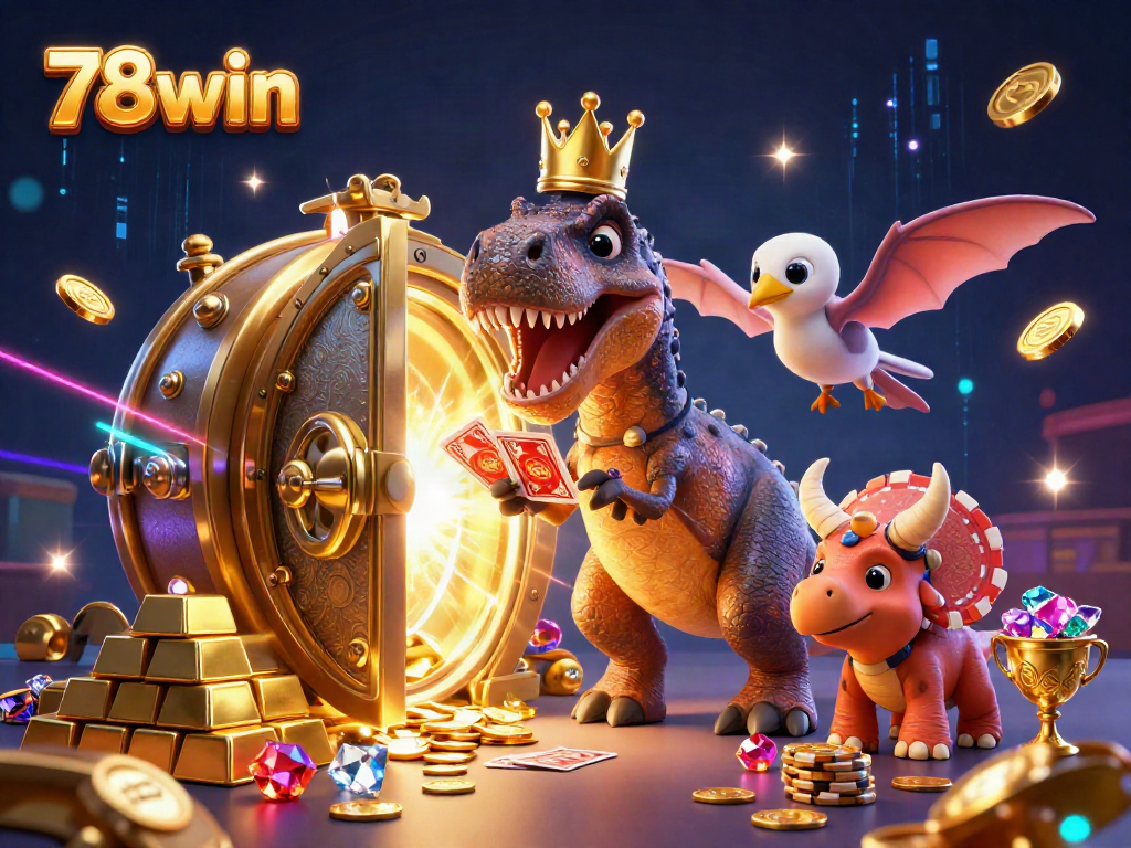 Engage in gambling fun with 78win featuring a T-Rex shuffling cards amidst golden treasures.