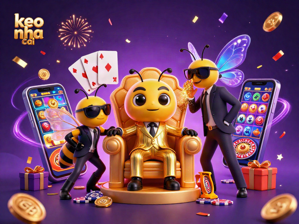 Experience keo nha cai action with a 3D cartoon mob boss, gaming elements, and vibrant celebration