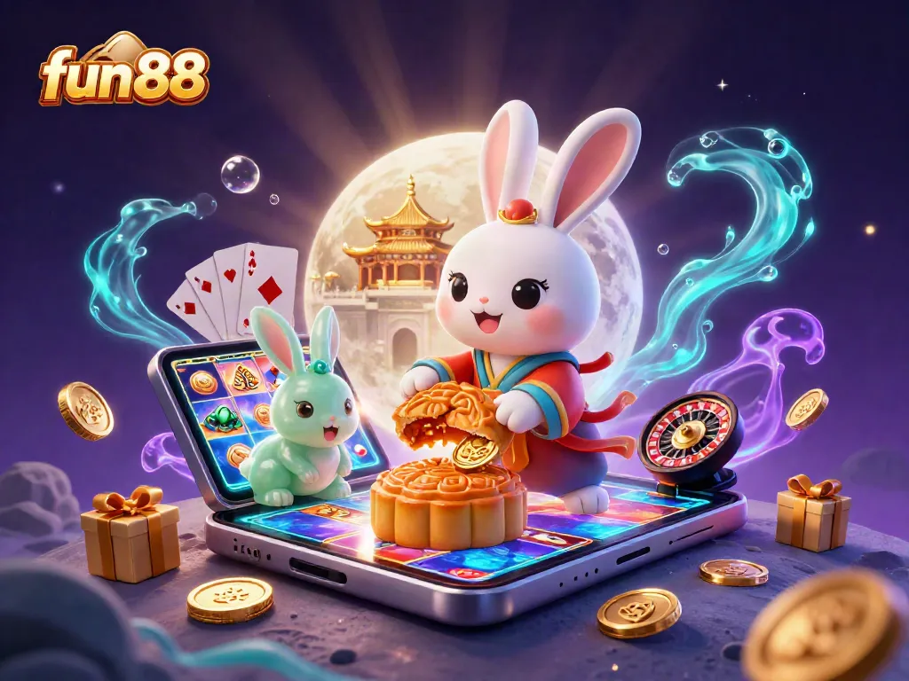 Experience fun 88 with an engaging scene featuring a moon rabbit enjoying exciting casino elements.
