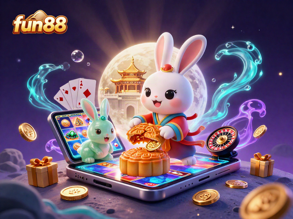 Experience fun 88 with an engaging scene featuring a moon rabbit enjoying exciting casino elements.