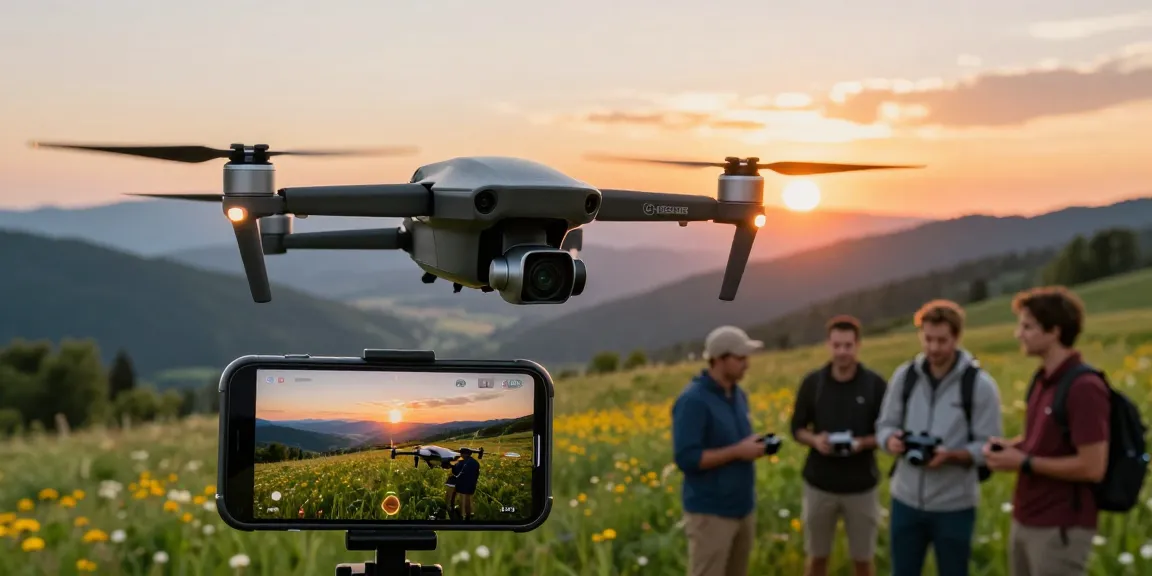 F168 drone capturing stunning aerial footage during golden hour over scenic landscape with vibrant sunset.