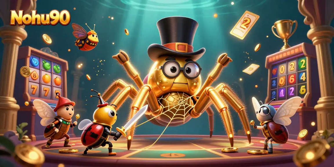 Nohu90 invites players with a vibrant illustration of slot games, featuring golden spider and knight, racing for jackpots.