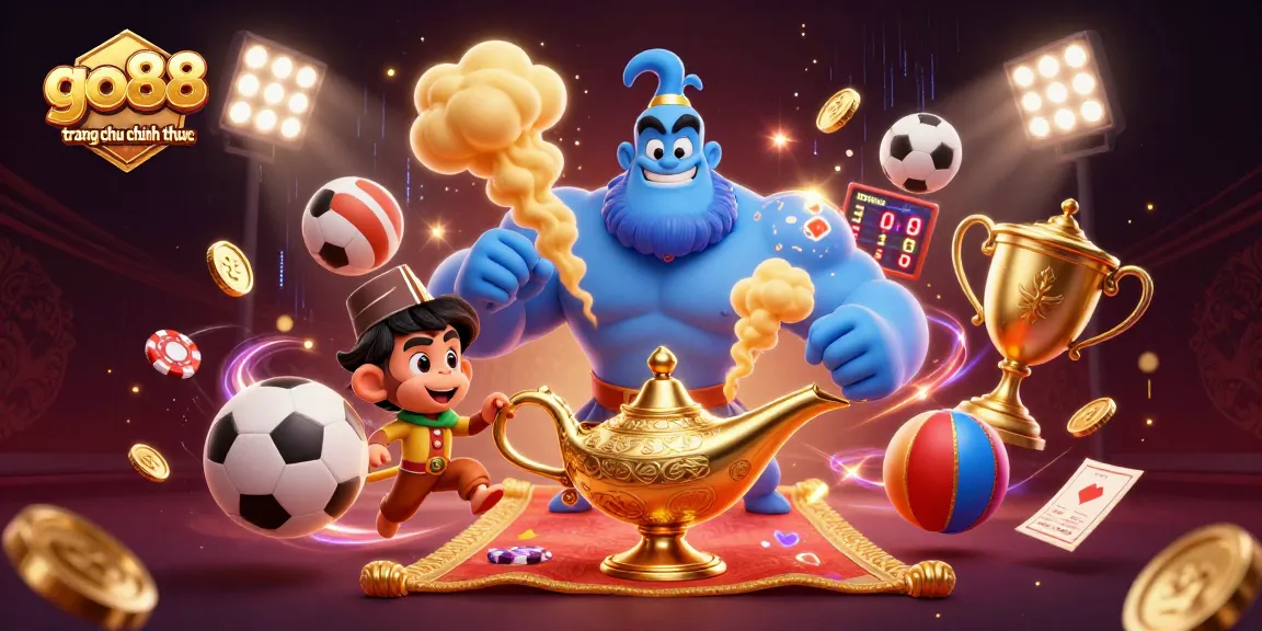 Engaging scene with a genie and monkey promoting go88 trang chu chinh thuc casino excitement with dynamic sports elements.