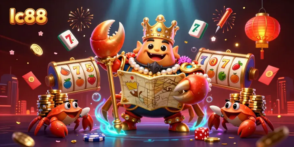 Experience the excitement of lc88 with a vibrant, dynamic casino scene featuring a golden crab emperor surrounded by lively slots.
