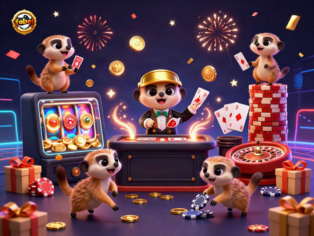 Experience high-energy gaming at FABET with meerkats orchestrating casino operations filled with colors and excitement.