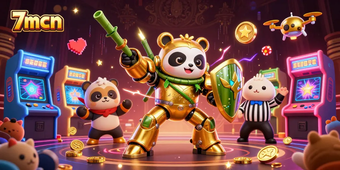 Experience thrilling gameplay with 7mcn as a golden panda controls a fighting robot in an energetic casino scene.
