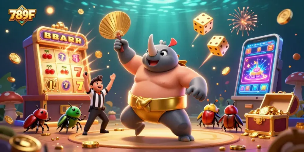Experience thrilling wins at 789F with a dynamic casino scene featuring a sumo champion beetle.