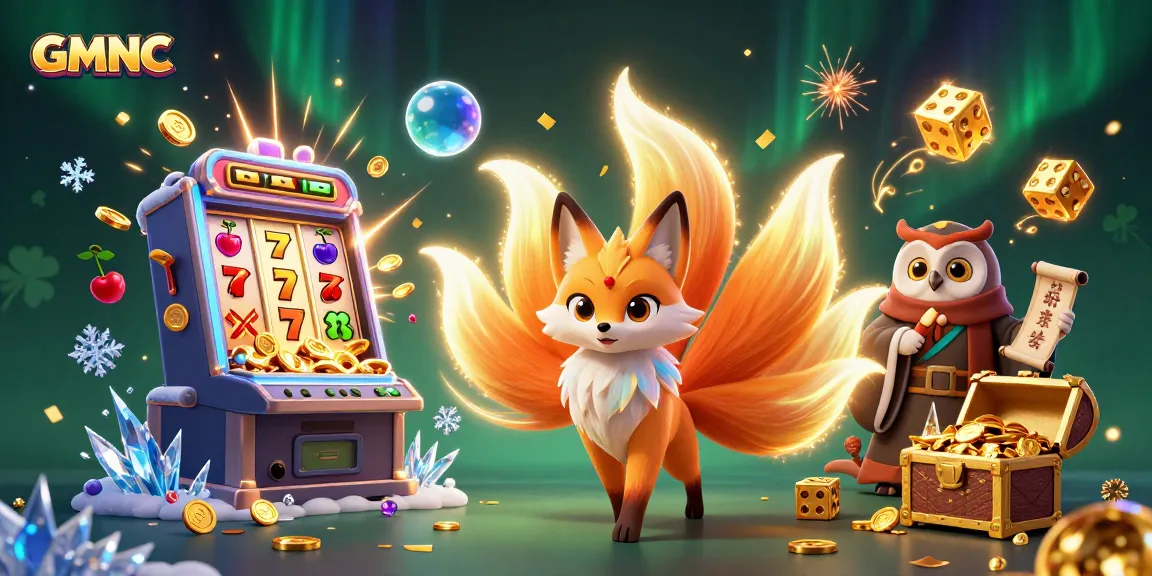 Experience GMNC excitement with a glowing nine-tailed fox by a jackpot slot machine.