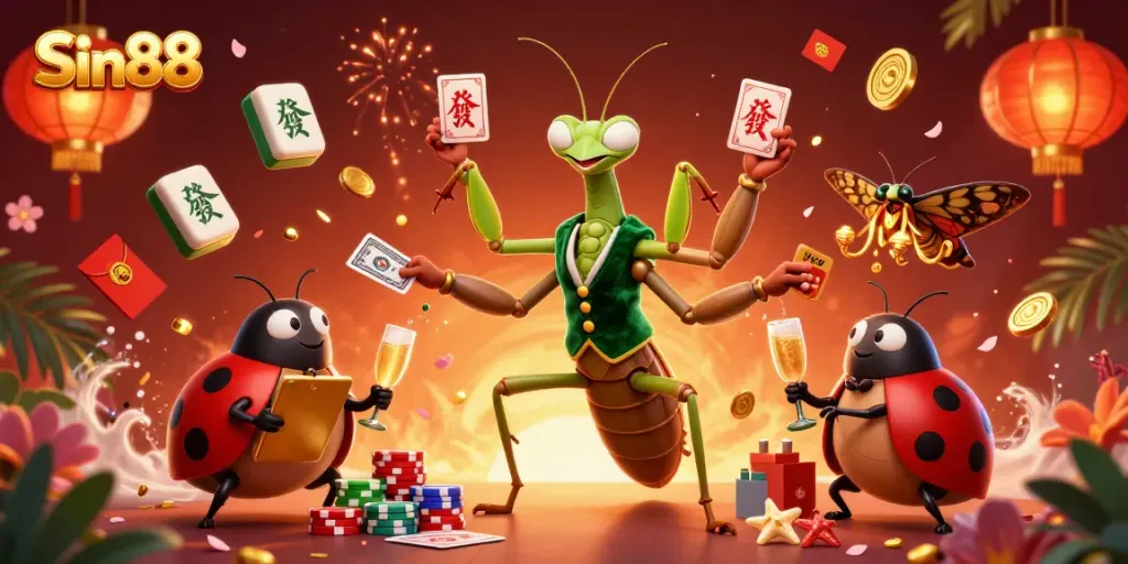 Sin88 features a giant praying mantis card sharp dealing cards while surrounded by vibrant casino elements.