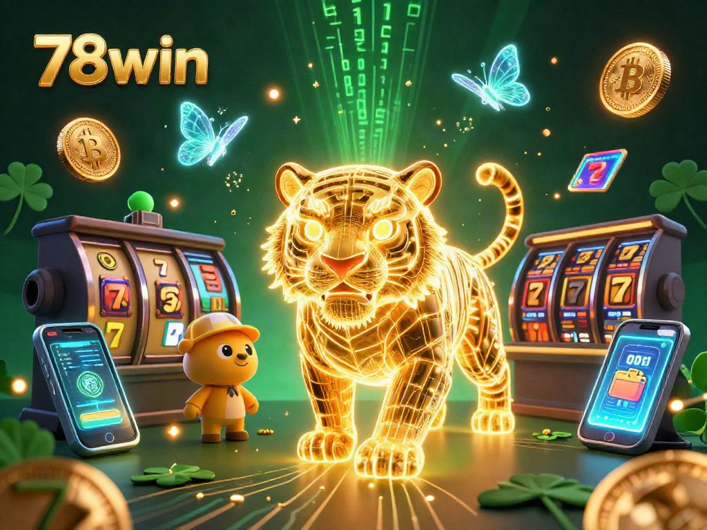 Engage with 78win’s vibrant digital casino world showcasing neon elements, slots, and crypto coins.
