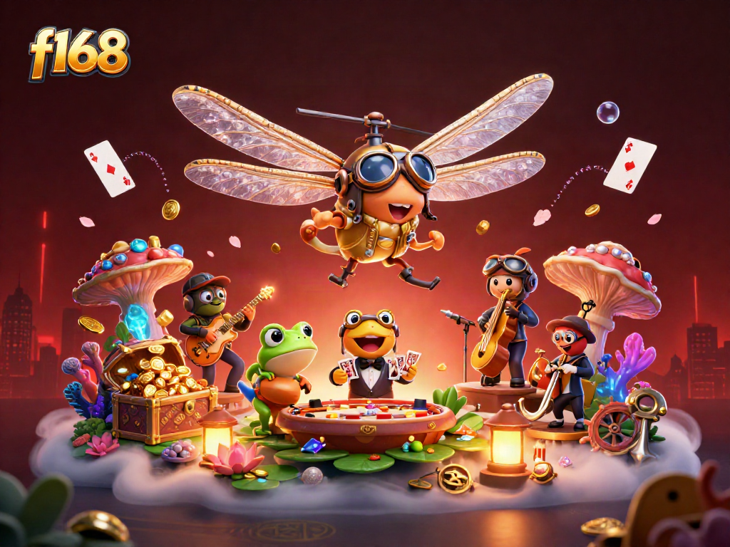 Engage in thrilling gameplay at f168 with a vibrant scene featuring a dragonfly pilot and a frog croupier.