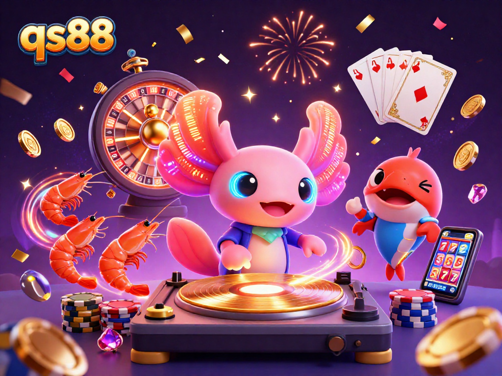 qs88's vibrant casino scene with DJ axolotl and glowing shrimp, symbolizing online gambling excitement