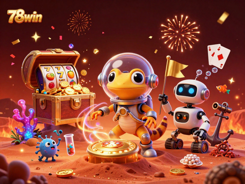 Witness the animated Martian gecko at 78win uncovering a golden casino amidst vibrant gems.