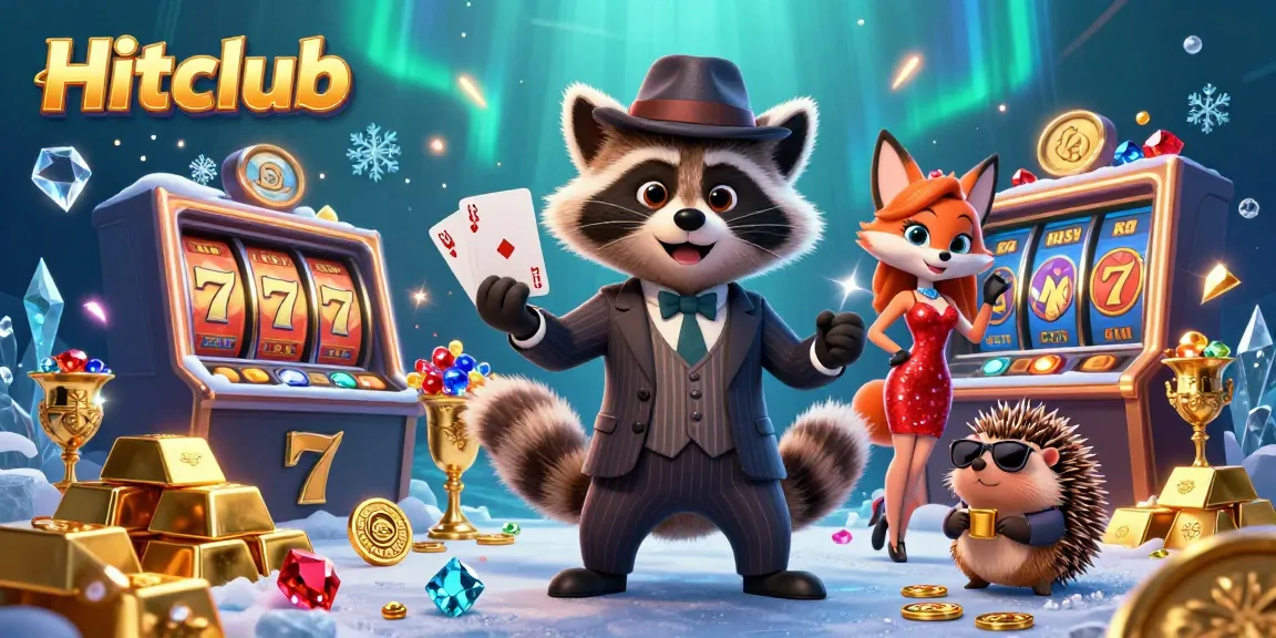 Experience thrilling gameplay at Hitclub as a suave raccoon and fox companion celebrate winning hands in a vibrant casino!