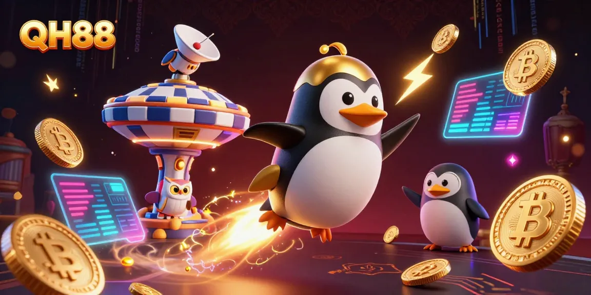 Experience thrilling gaming with QH88 as a penguin-led rocket soars to a vibrant casino.
