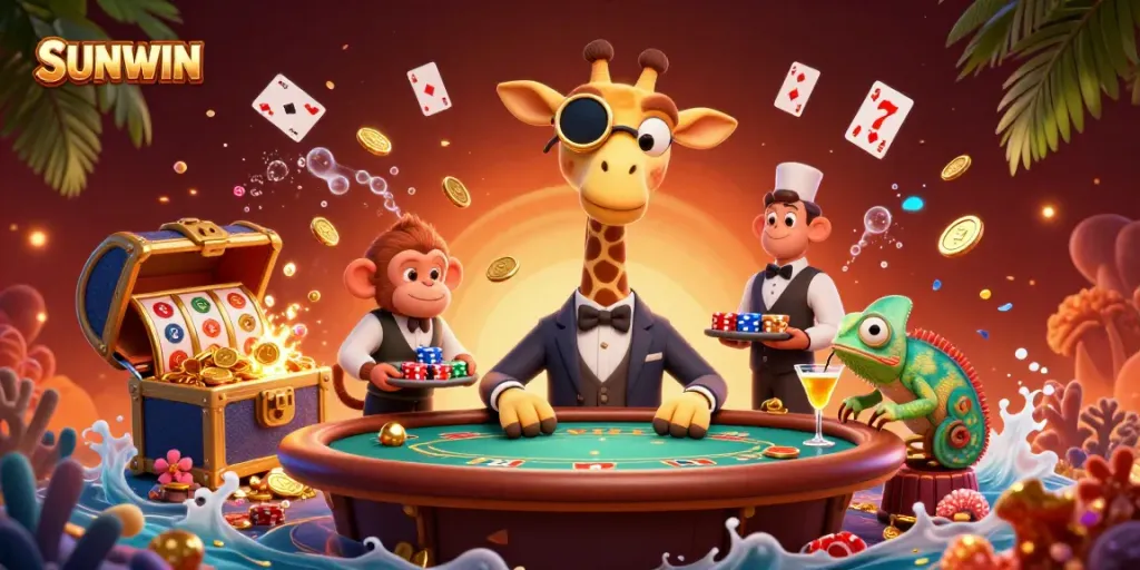 The 3D cartoon high-roller giraffe at SUNWIN poker table creates an exciting casino atmosphere.