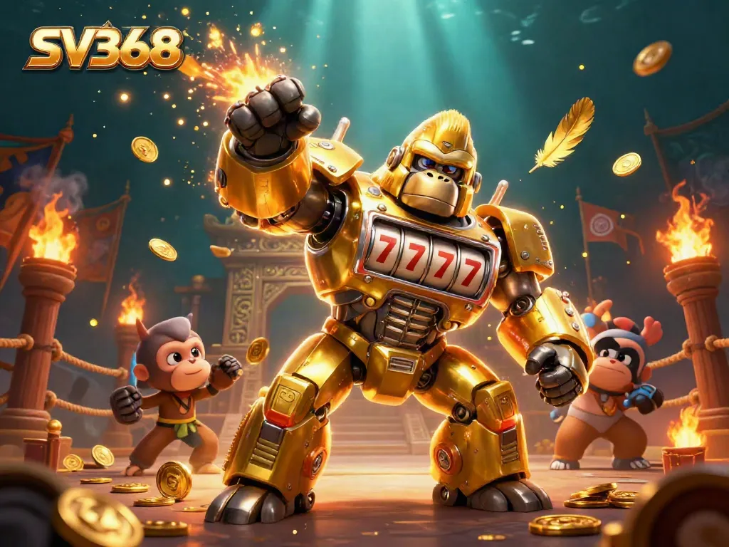 Engage in thrilling casino action with SV368's dynamic gorilla mech surrounded by vibrant spinning reels and golden coins.