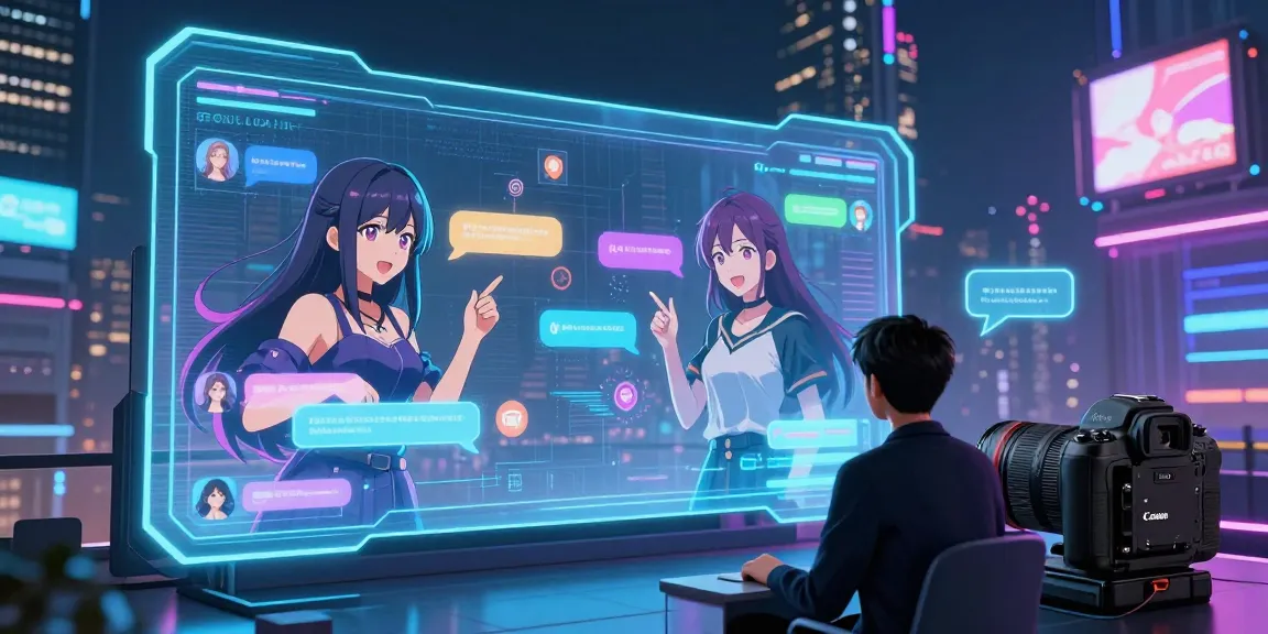 Engaging AI chat hentai experience with animated characters in a futuristic digital landscape.