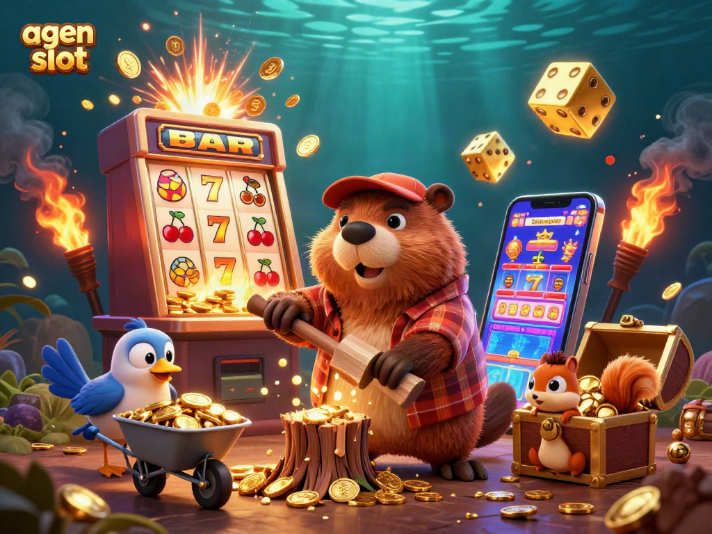 A lively scene of the 3D cartoon characters celebrating with golden coins in a dynamic agen slot theme.