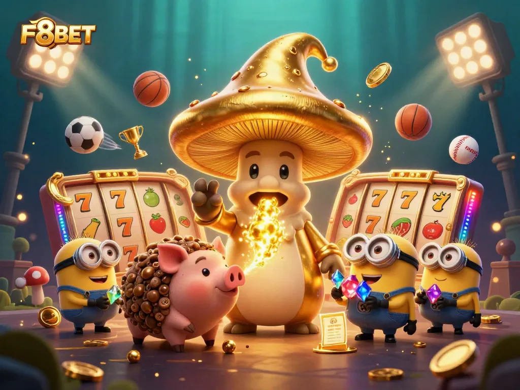Experience the excitement of F8BET with a magical casino scene featuring a golden mushroom wizard and treasure-hunting characters.