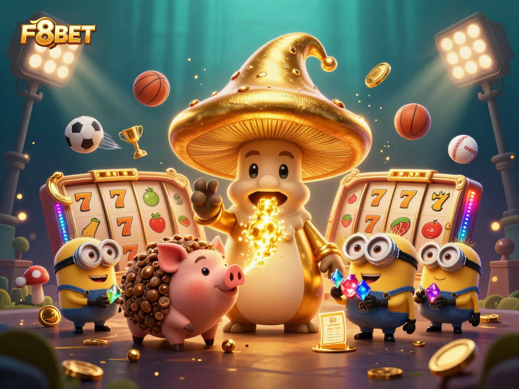 Experience the excitement of F8BET with a magical casino scene featuring a golden mushroom wizard and treasure-hunting characters.