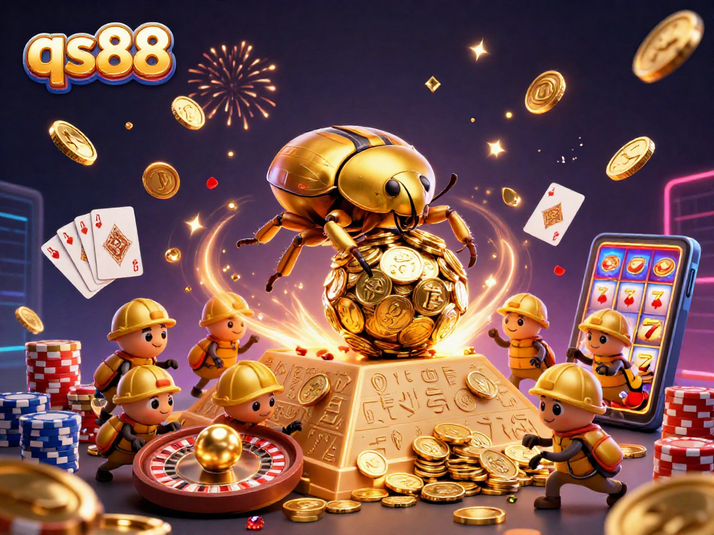 Experience thrilling gameplay at qs88 with an illustration of a golden dung beetle pushing a jackpot of coins!