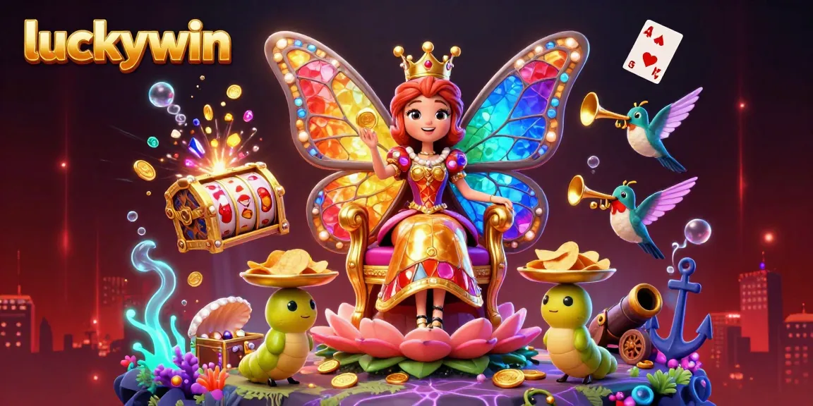 Engage with luckywin's vibrant casino adventure featuring a butterfly queen and dynamic slot reels.