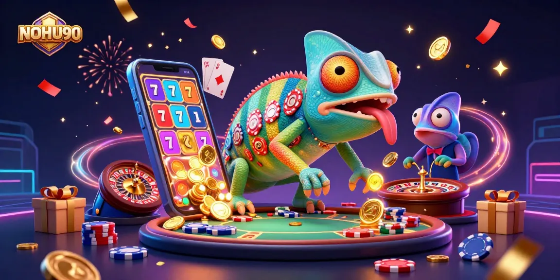 Engage in thrilling gameplay with NOHU90 as the chameleon casino owner catches golden coins in a vibrant online casino.