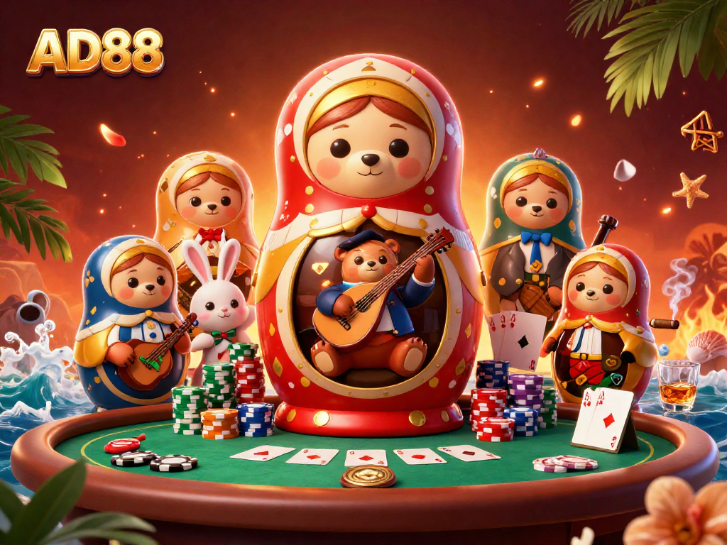 Engage with thrilling casino fun at AD88 featuring animated bears and vibrant poker elements.