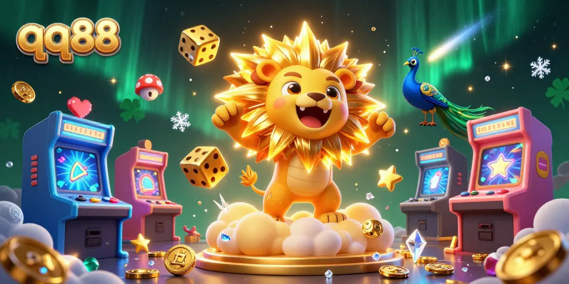 Experience the thrill of qq88 as a cartoon lion roars triumphantly amid colorful casino game elements.