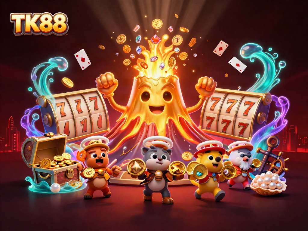 Win big at TK88 with treasure-filled adventures in this vibrant casino-themed illustration.