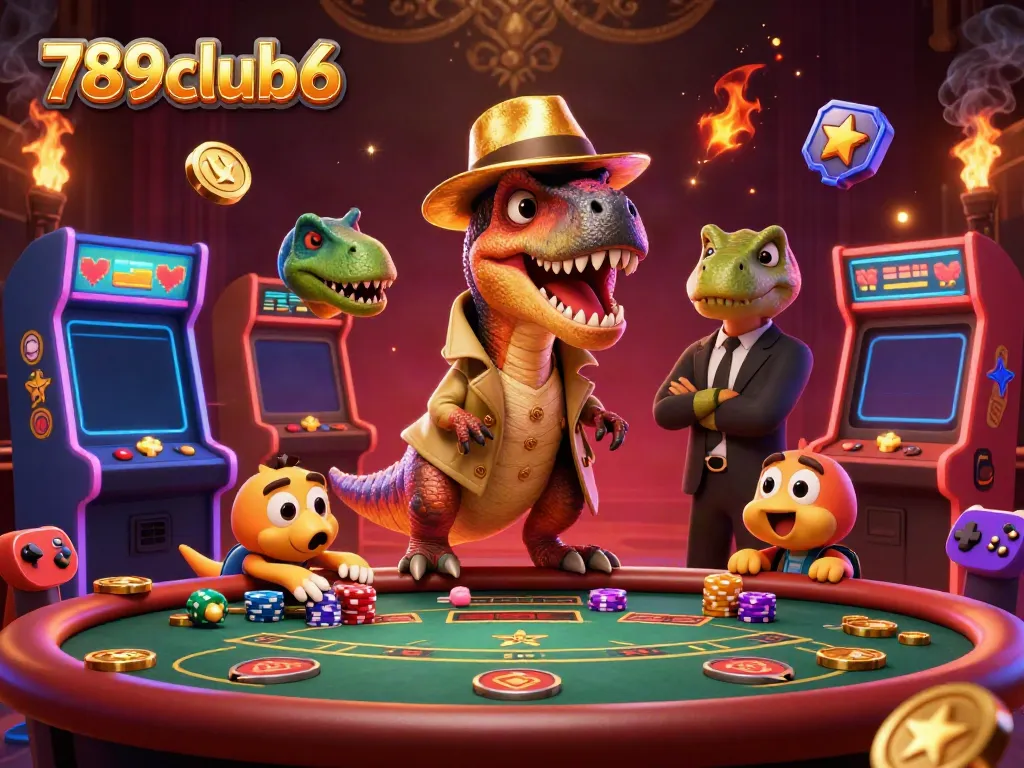 Engaging 3D scene of 789club6 with velociraptor card counter, stegosaurus pit boss, and compy pickpocket.