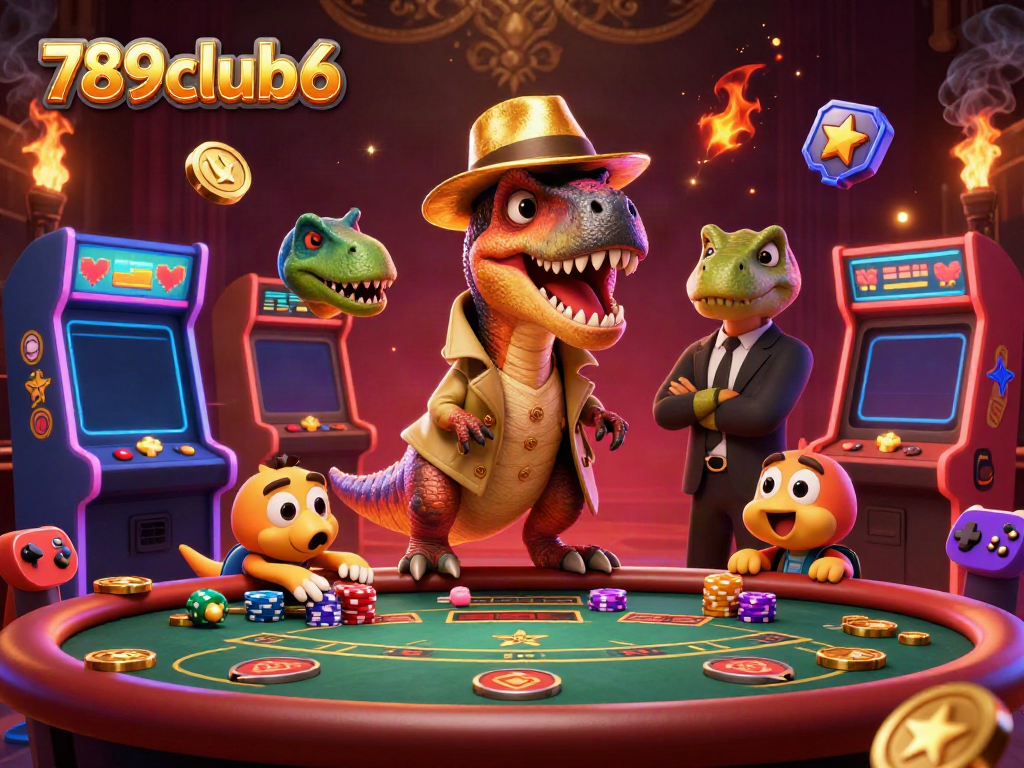 Engaging 3D scene of 789club6 with velociraptor card counter, stegosaurus pit boss, and compy pickpocket.