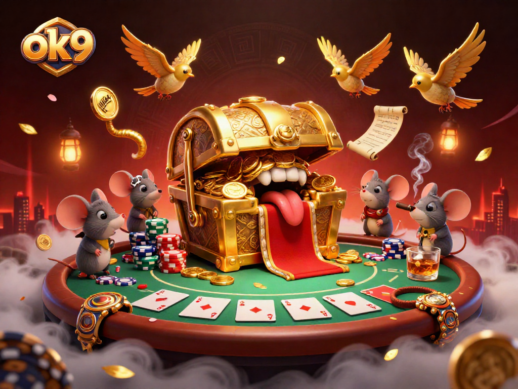Engage with the exciting ok9 casino experience featuring a charming treasure chest, colorful poker chips, and vibrant game elements.