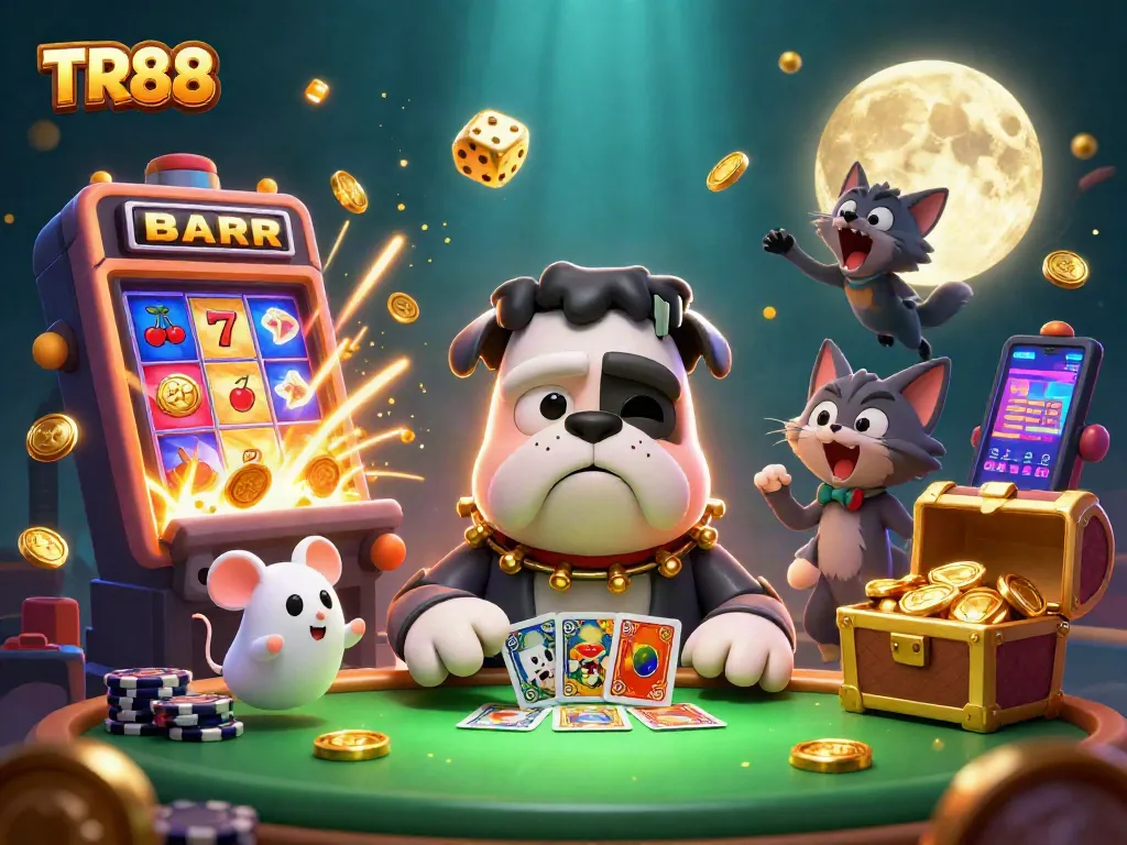 Experience TR88 excitement as a whimsical bulldog deals cards amidst a jackpot explosion in a vibrant casino.