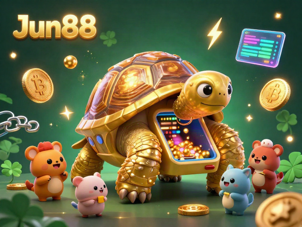 Experience the thrill at Jun88 with a dynamic 3D scene featuring a golden tortoise pinball machine and vibrant crypto elements.