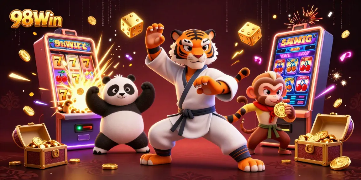 Experience thrilling jackpot moments with 98Win's vibrant casino art featuring dynamic characters and gold treasures.