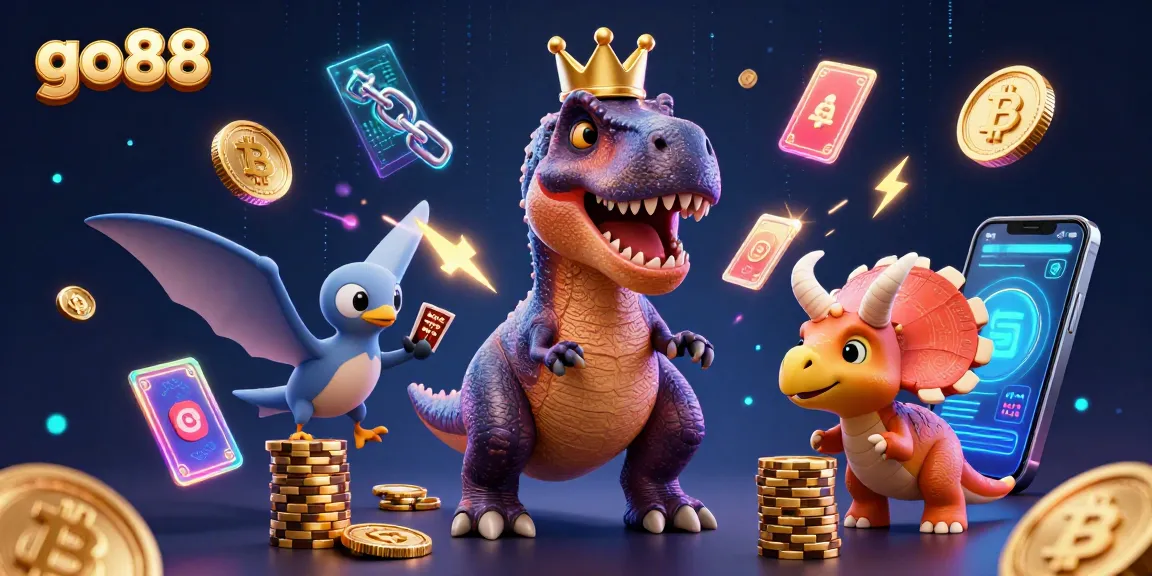 Join the action at Go88 as a T-Rex shuffles cards and a triceratops stacks golden chips in a vibrant casino scene.