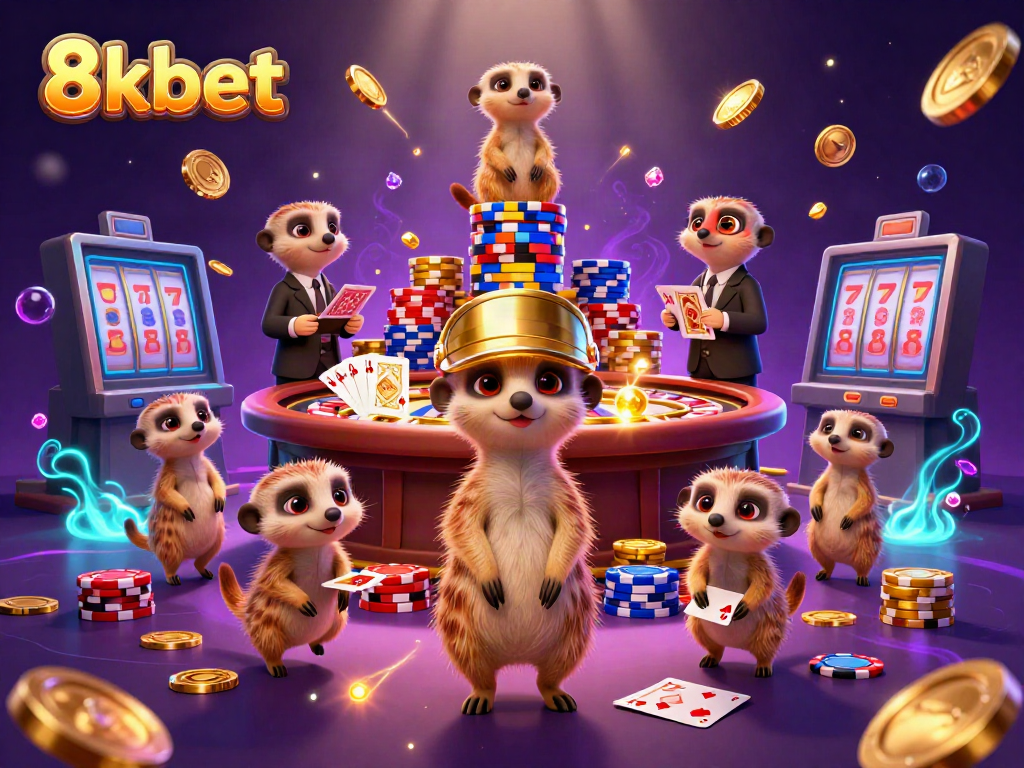 Engage with 8kbet's vibrant casino experience as meerkats manage thrilling games and rewards.