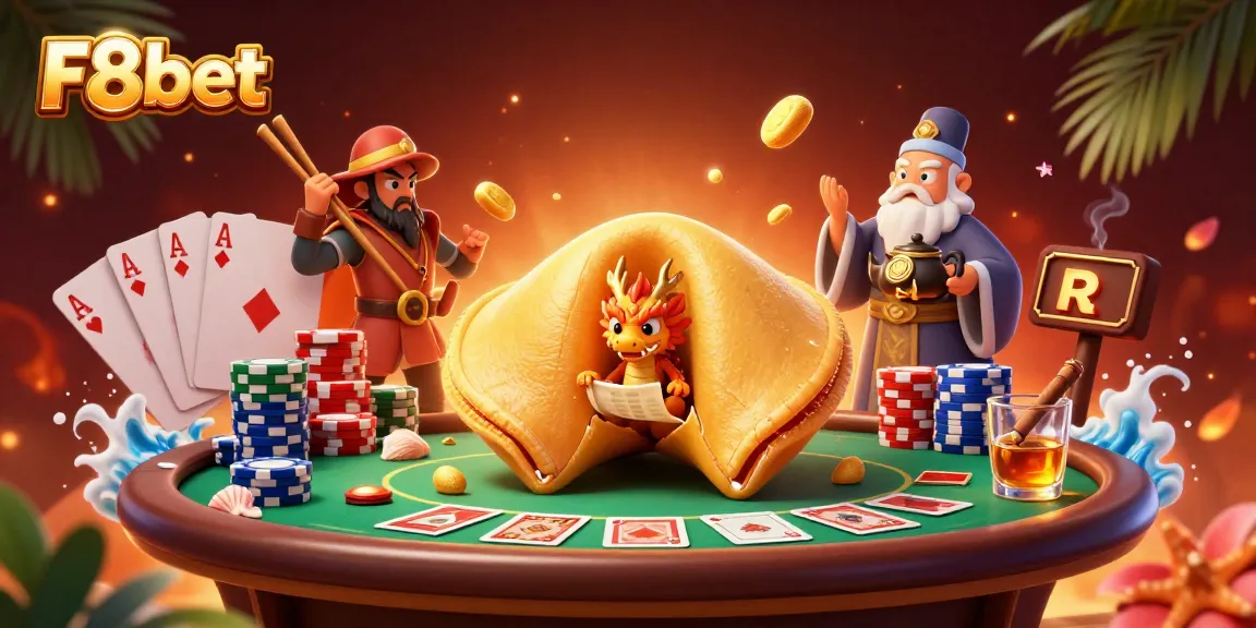 Bet with F8bet at a vibrant casino scene featuring cards and poker chips.