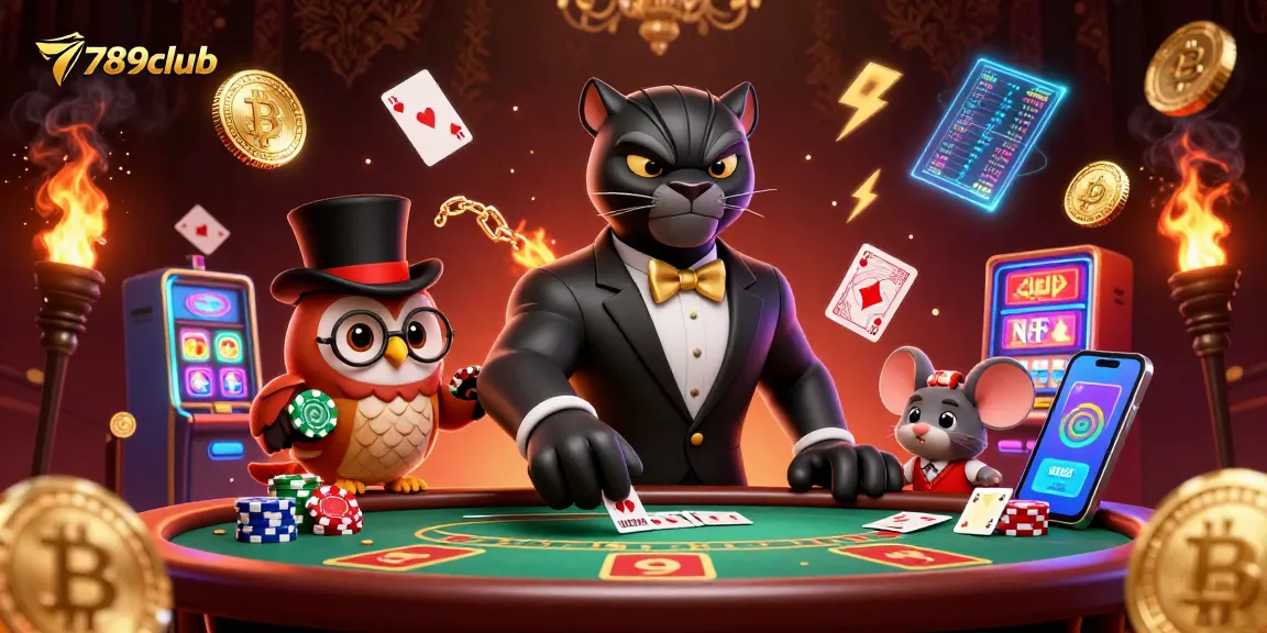 Experience thrilling wins at 789club with a charming cartoon scene featuring a tuxedoed panther dealing cards.