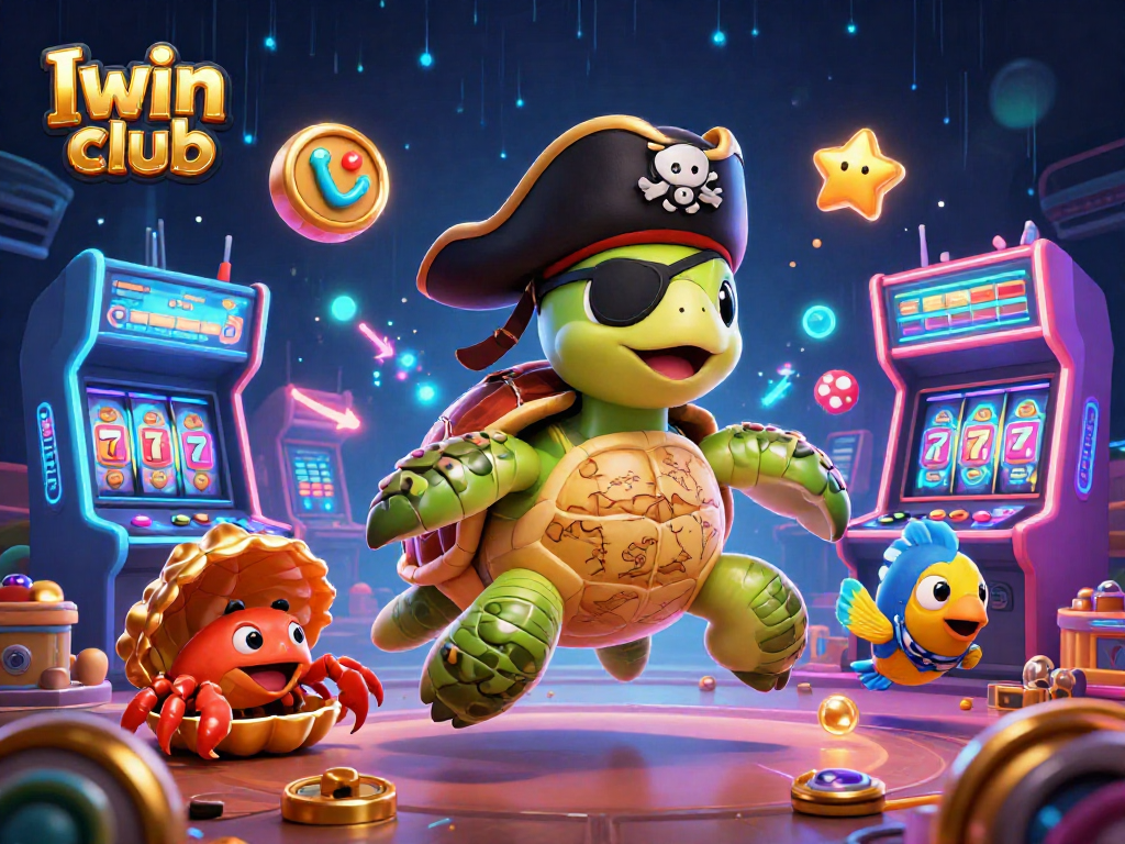 Iwin club showcases a vibrant scene with a pirate turtle, crab, and parrotfish amidst thrilling casino elements.