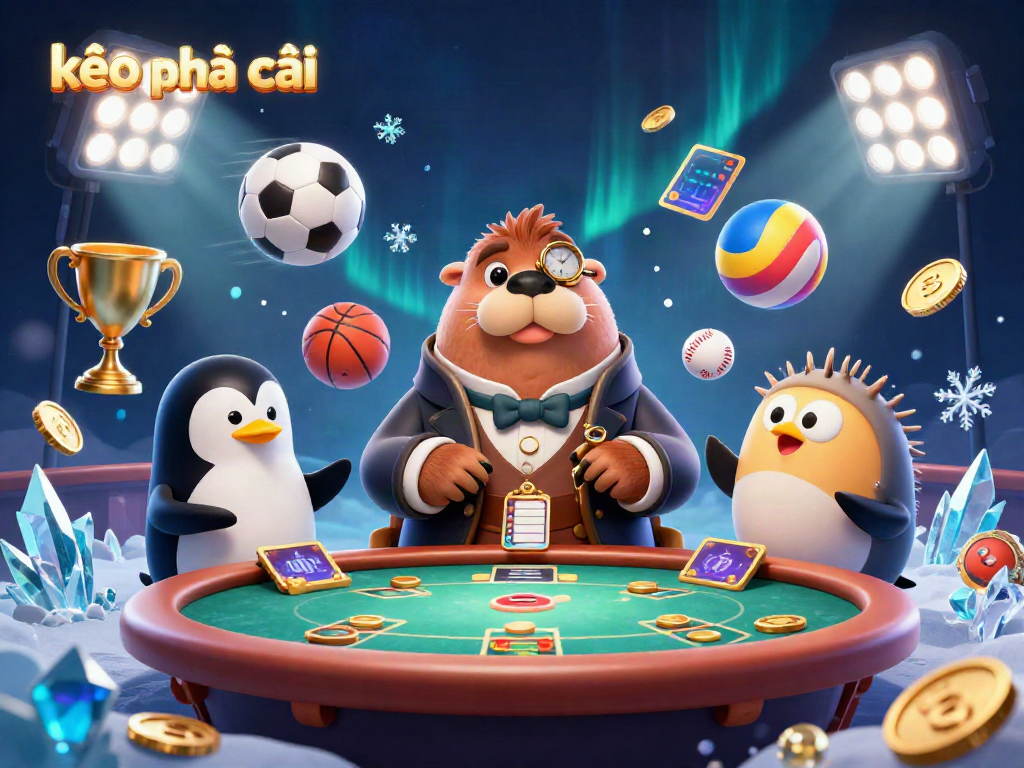 Engaging scene showing the concept of kèo nhà cái with a walrus, a penguin dealer, and a pufferfish playing cards underwater, enhanced by dynamic sports elements.