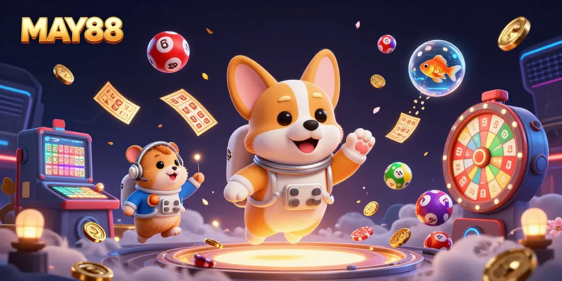 Join MAY88 in a vibrant cosmic casino scene featuring an astronaut corgi and dynamic gaming elements.